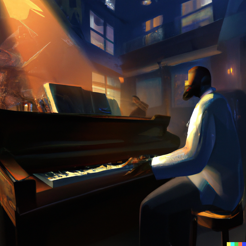 Smoky bar room with a blues musician playing piano jazz, digital art DALL-E 2