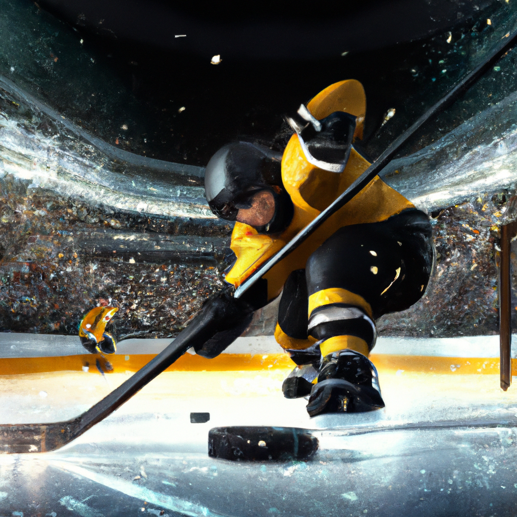 ice hockey player in black and gold uniform scoring a goal in front of a large crowd of fans, digital art