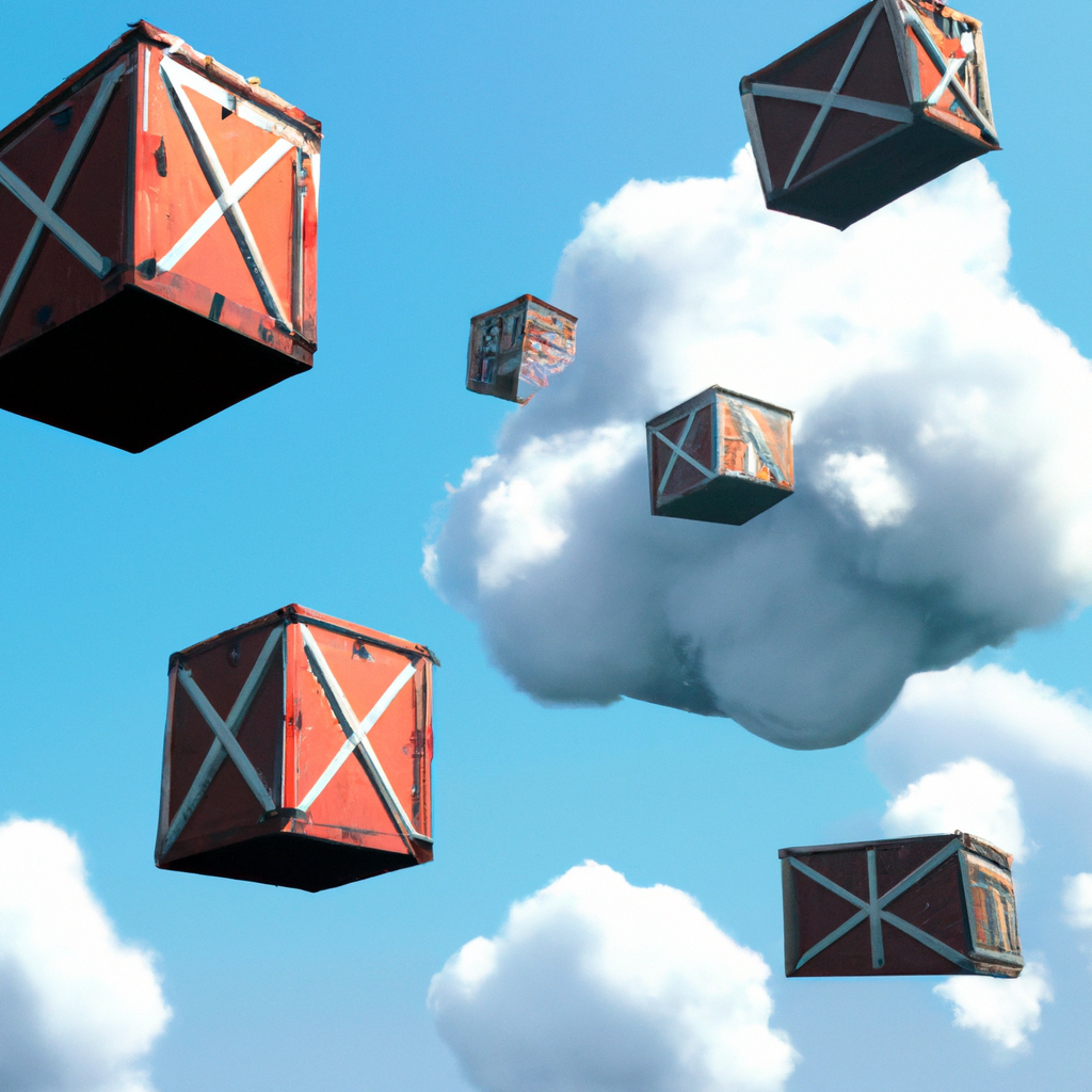 cargo boxes floating in a sky of blue with partial clouds, digital art