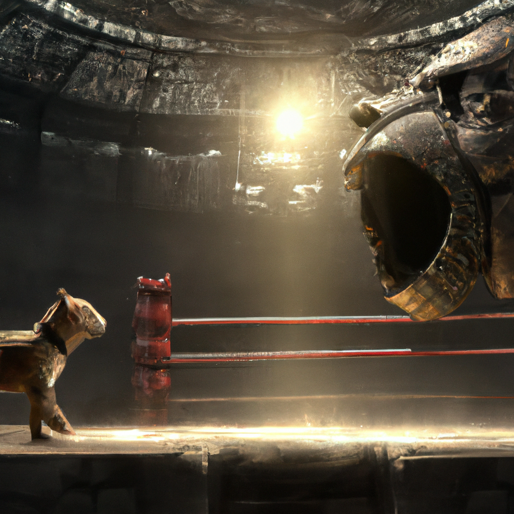 confrontation in a boxing ring between a dog and ancient relic, digital art