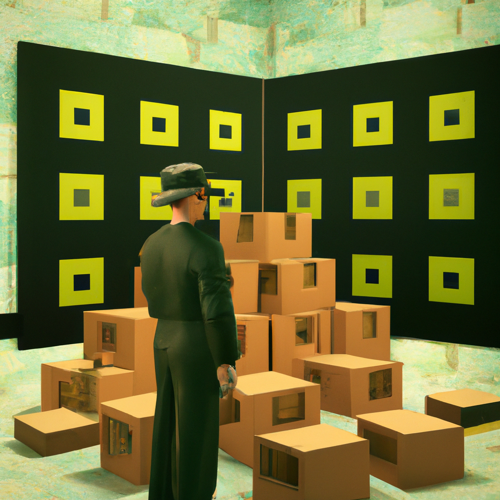 inspector monitoring multiple boxes in a virtual world background, digital art